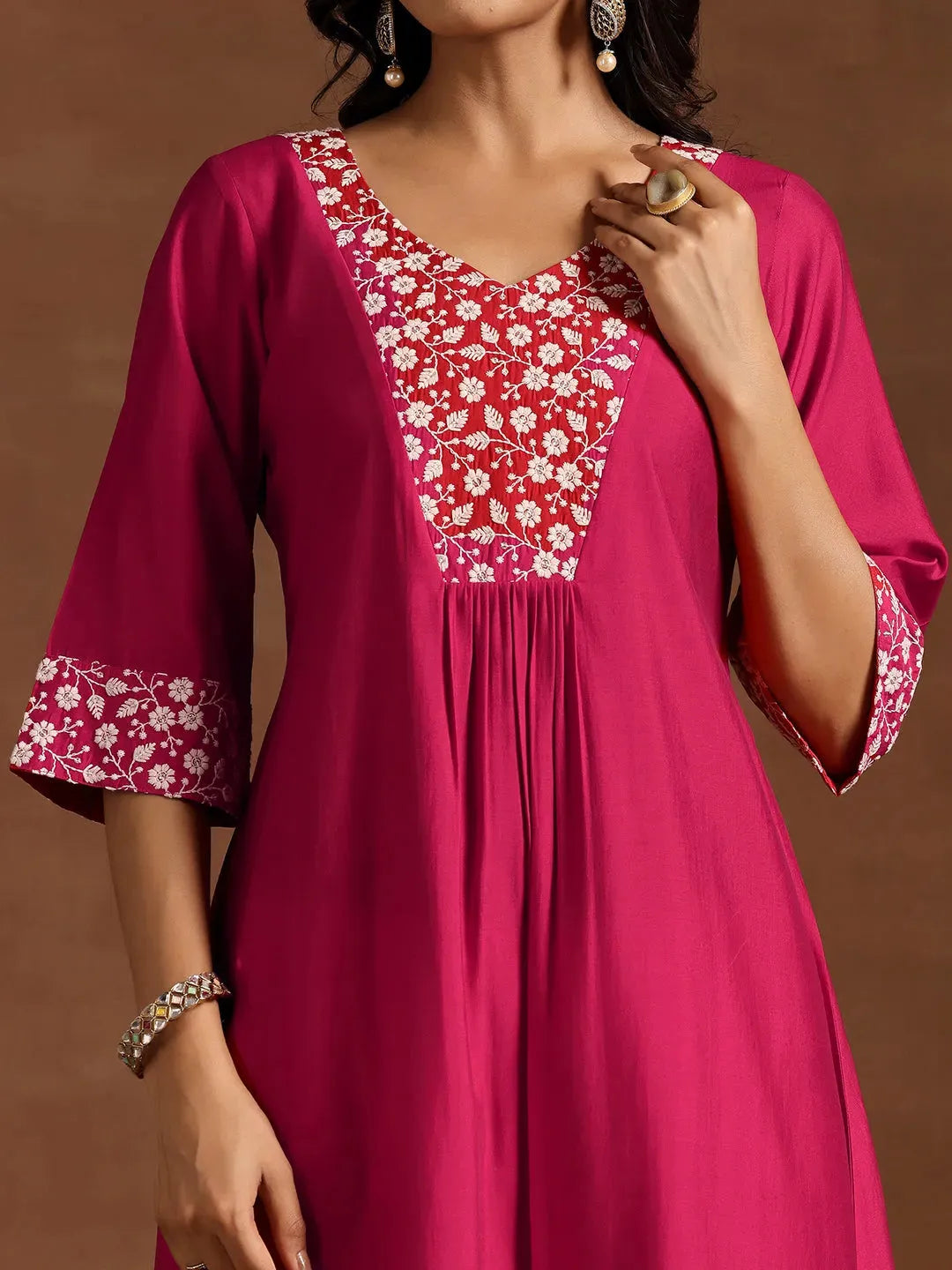 Libas Pink Yoke Design Silk Blend A-Line Kurta With Trousers