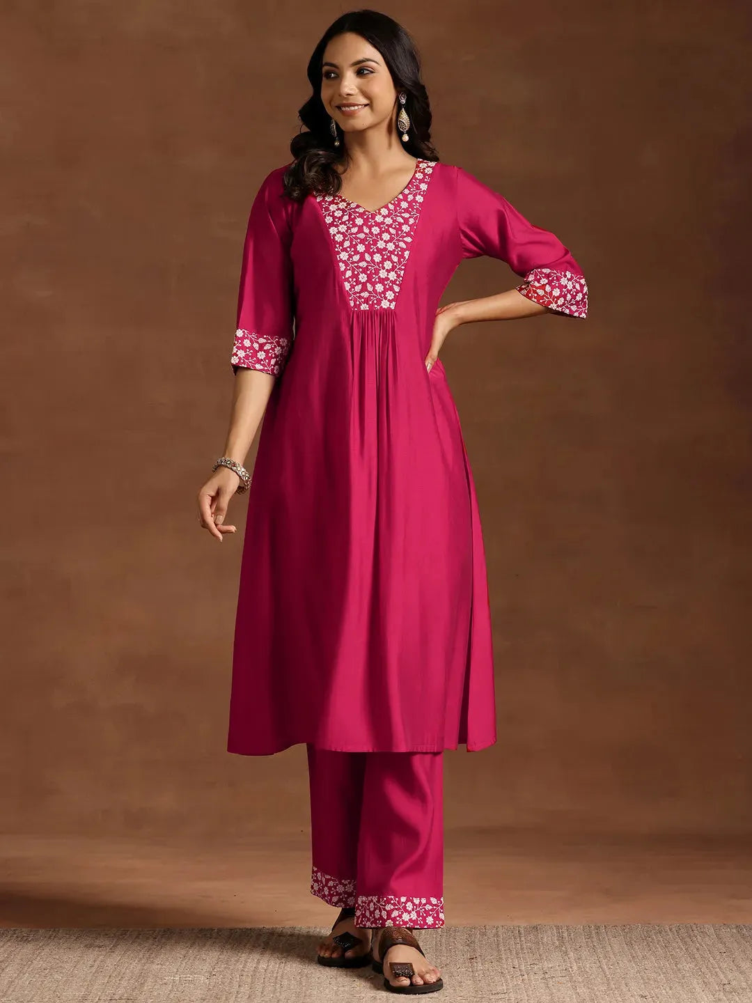 Libas Pink Yoke Design Silk Blend A-Line Kurta With Trousers