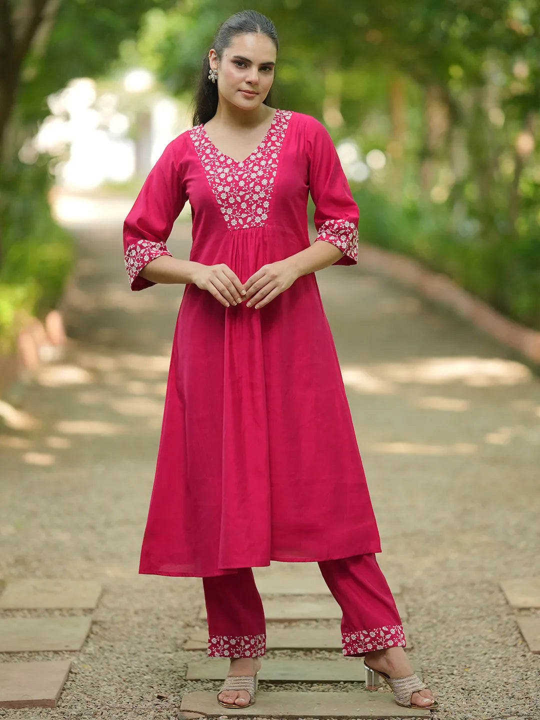 Libas Pink Yoke Design Silk Blend A-Line Kurta With Trousers