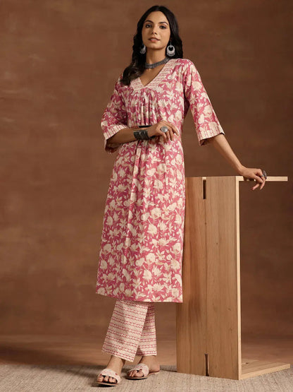 Libas Peach Printed Cotton A-Line Kurta With Trousers