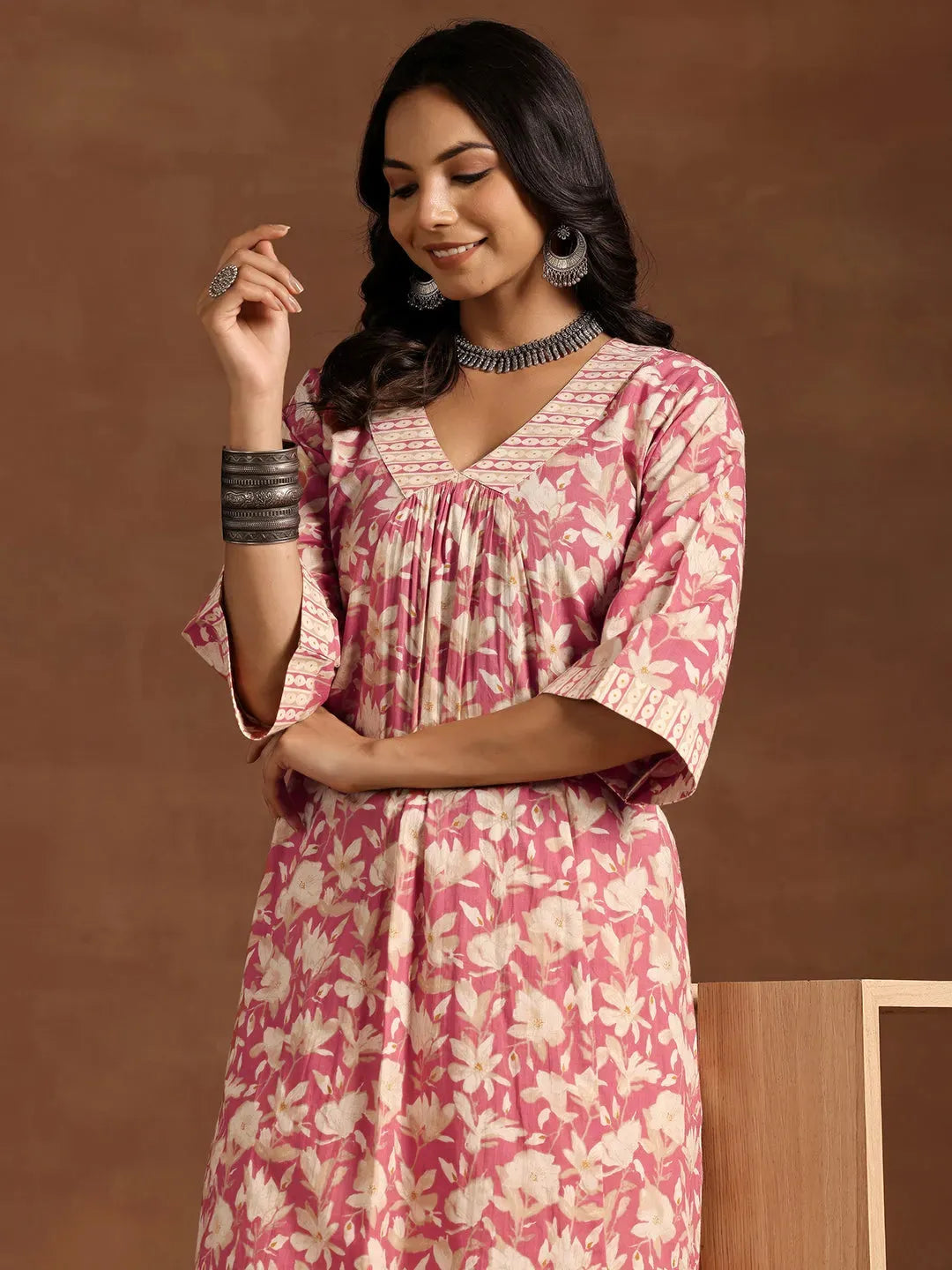 Libas Peach Printed Cotton A-Line Kurta With Trousers
