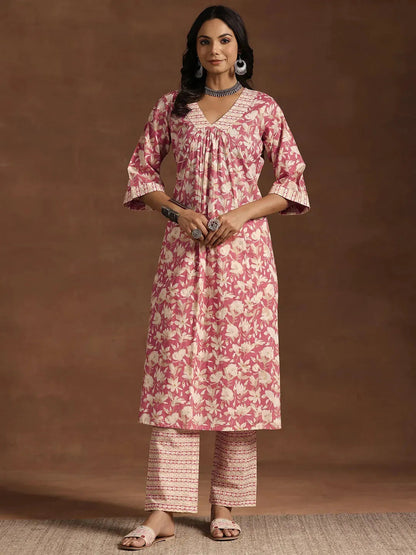 Libas Peach Printed Cotton A-Line Kurta With Trousers