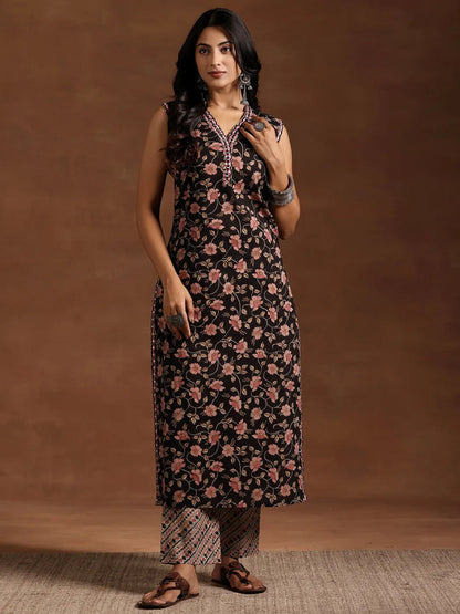 Libas Black Printed Cotton Straight Kurta Set