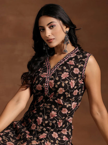 Libas Black Printed Cotton Straight Kurta Set