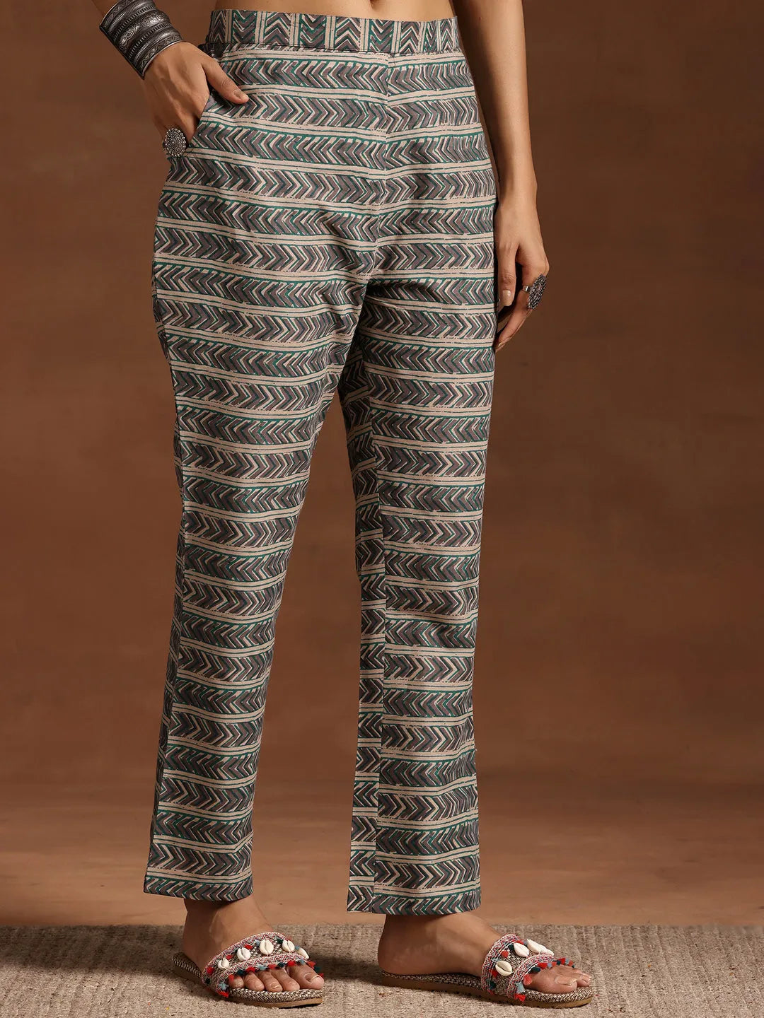 Libas Blue Printed Cotton A-line Kurta With Trousers