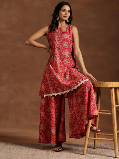 Libas Pink Printed Silk Blend Straight Kurta With Palazzos