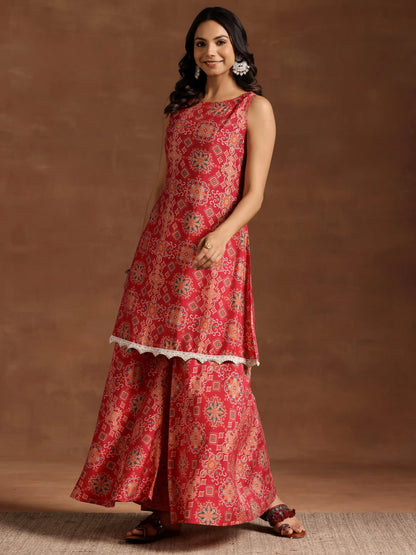 Libas Pink Printed Silk Blend Straight Kurta With Palazzos