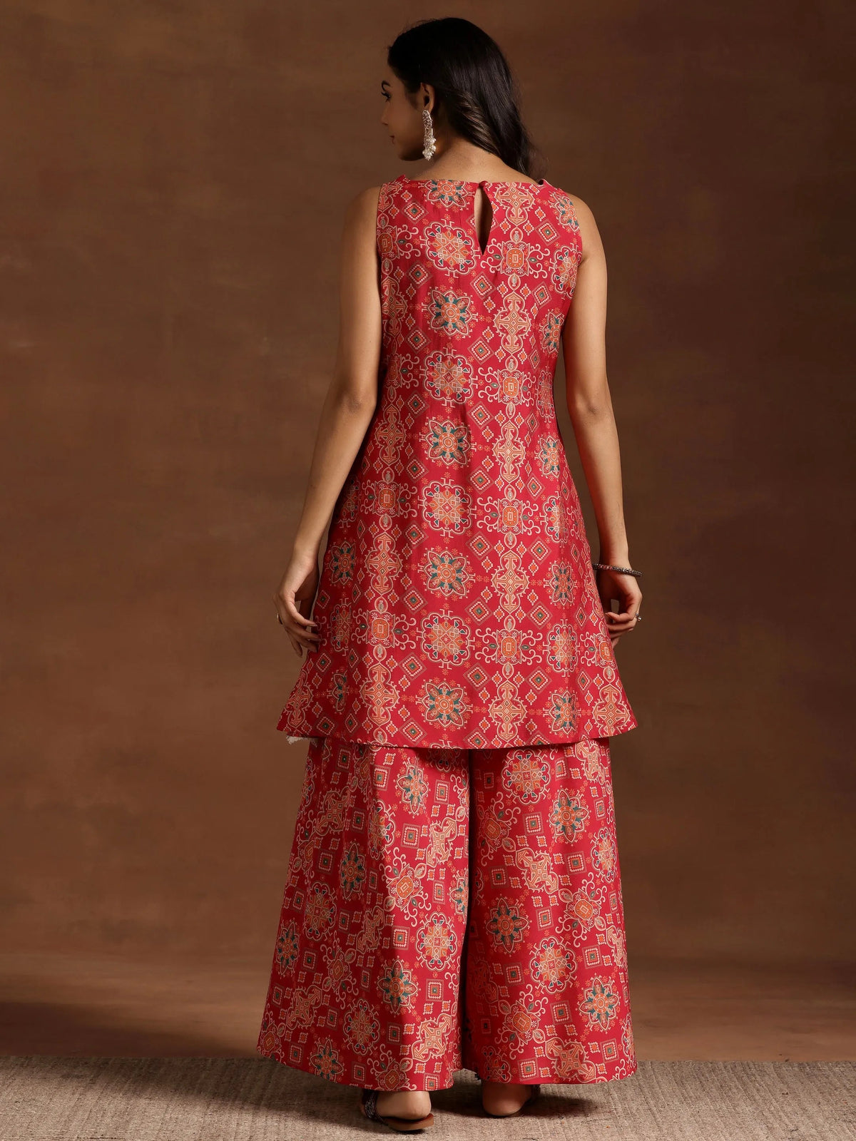 Libas Pink Printed Silk Blend Straight Kurta With Palazzos