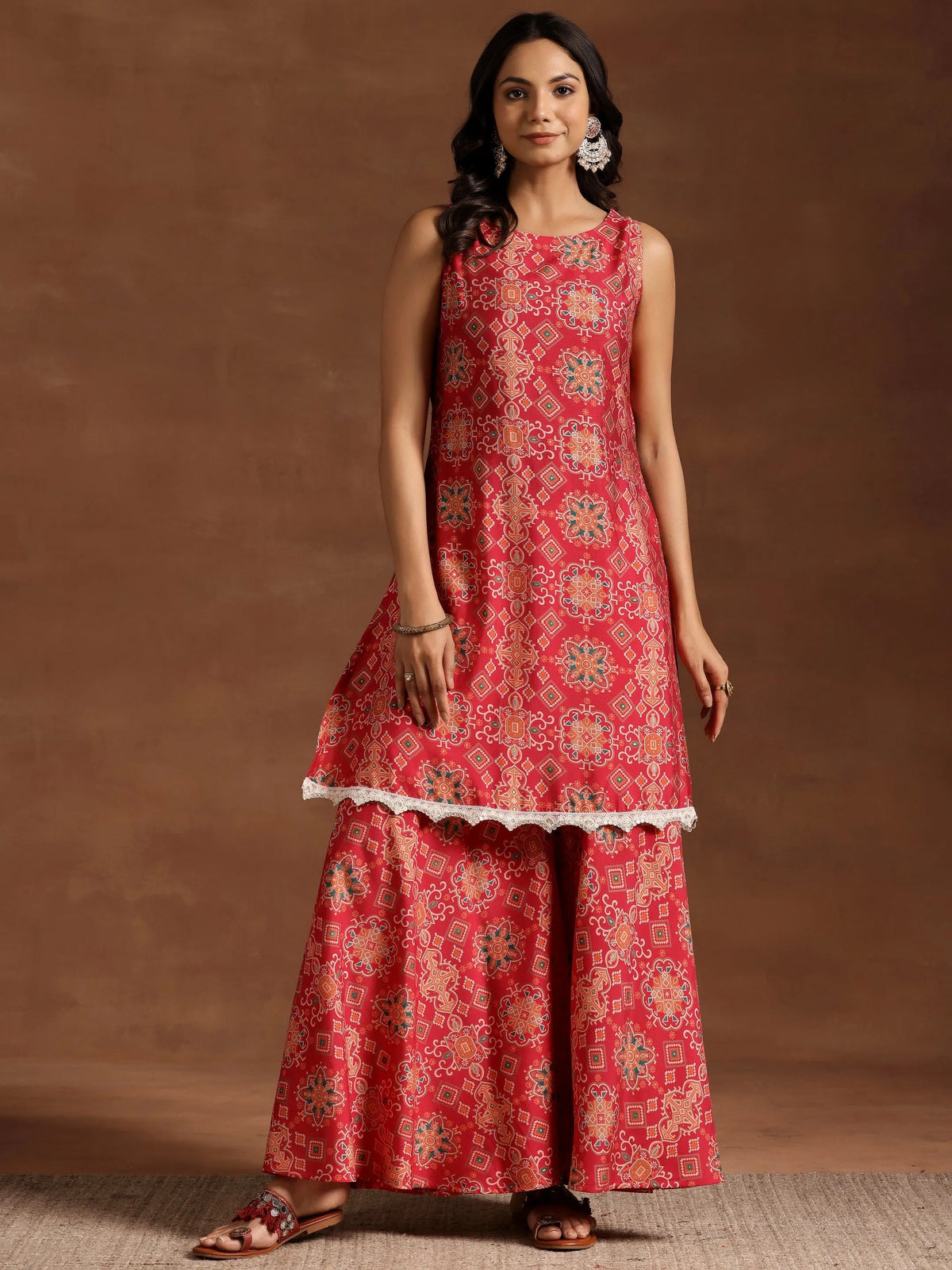 Libas Pink Printed Silk Blend Straight Kurta With Palazzos