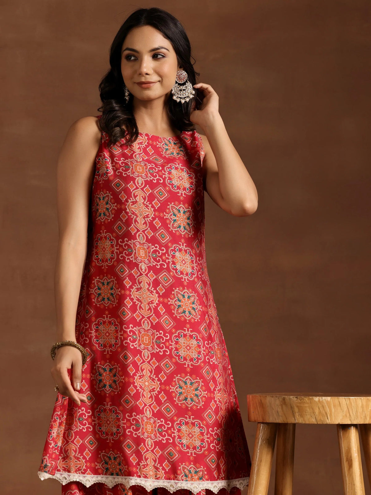 Libas Pink Printed Silk Blend Straight Kurta With Palazzos