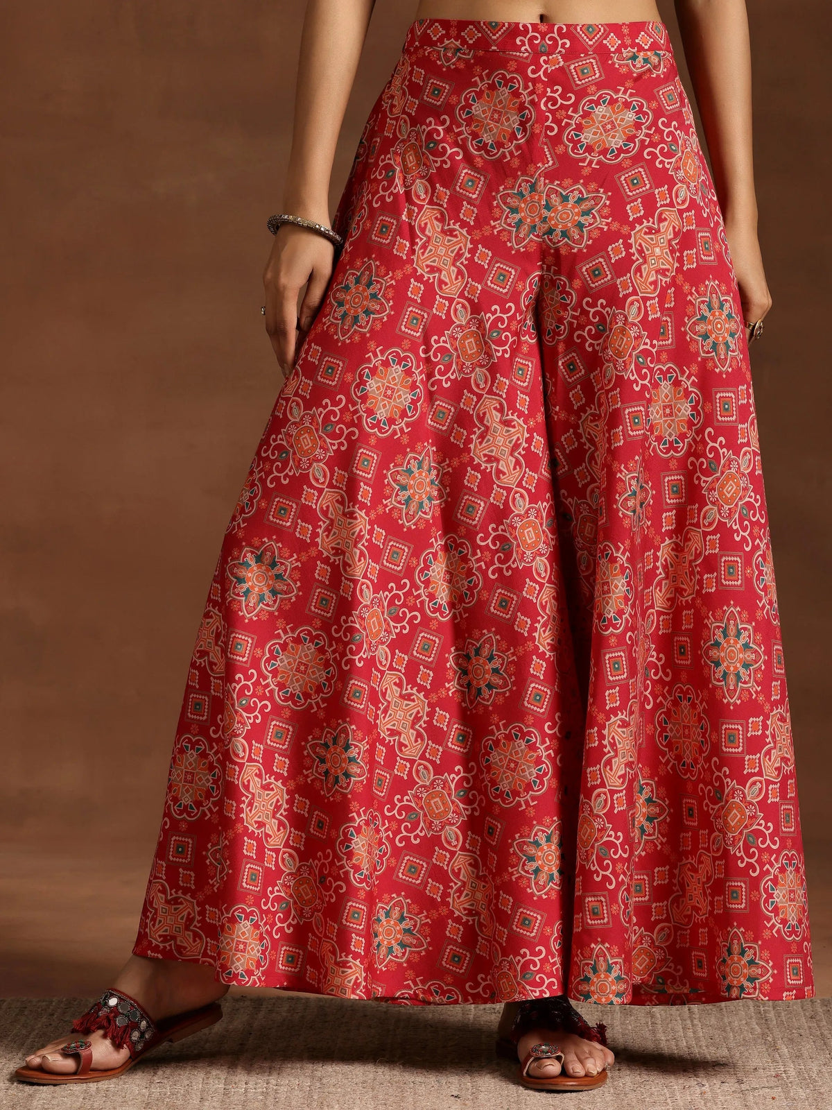 Libas Pink Printed Silk Blend Straight Kurta With Palazzos