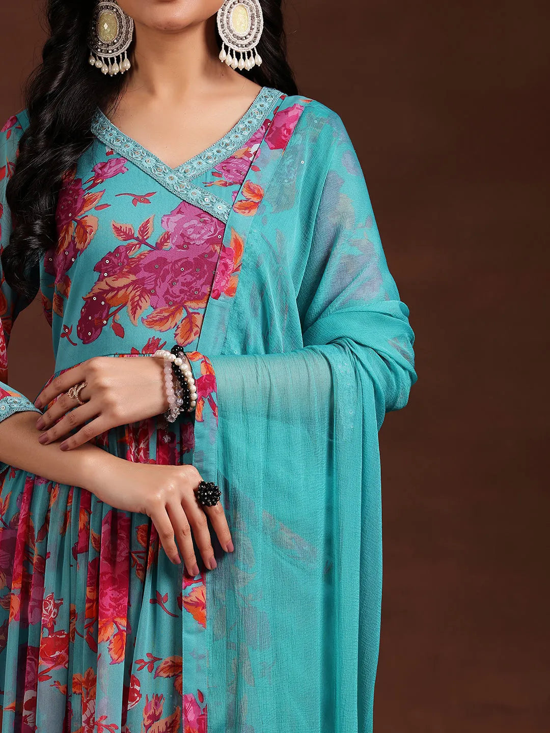 Libas Blue Printed Poly Chiffon Anarkali Suit With Dupatta
