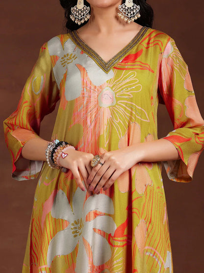 Libas Mustard Printed Silk Blend Co-Ords