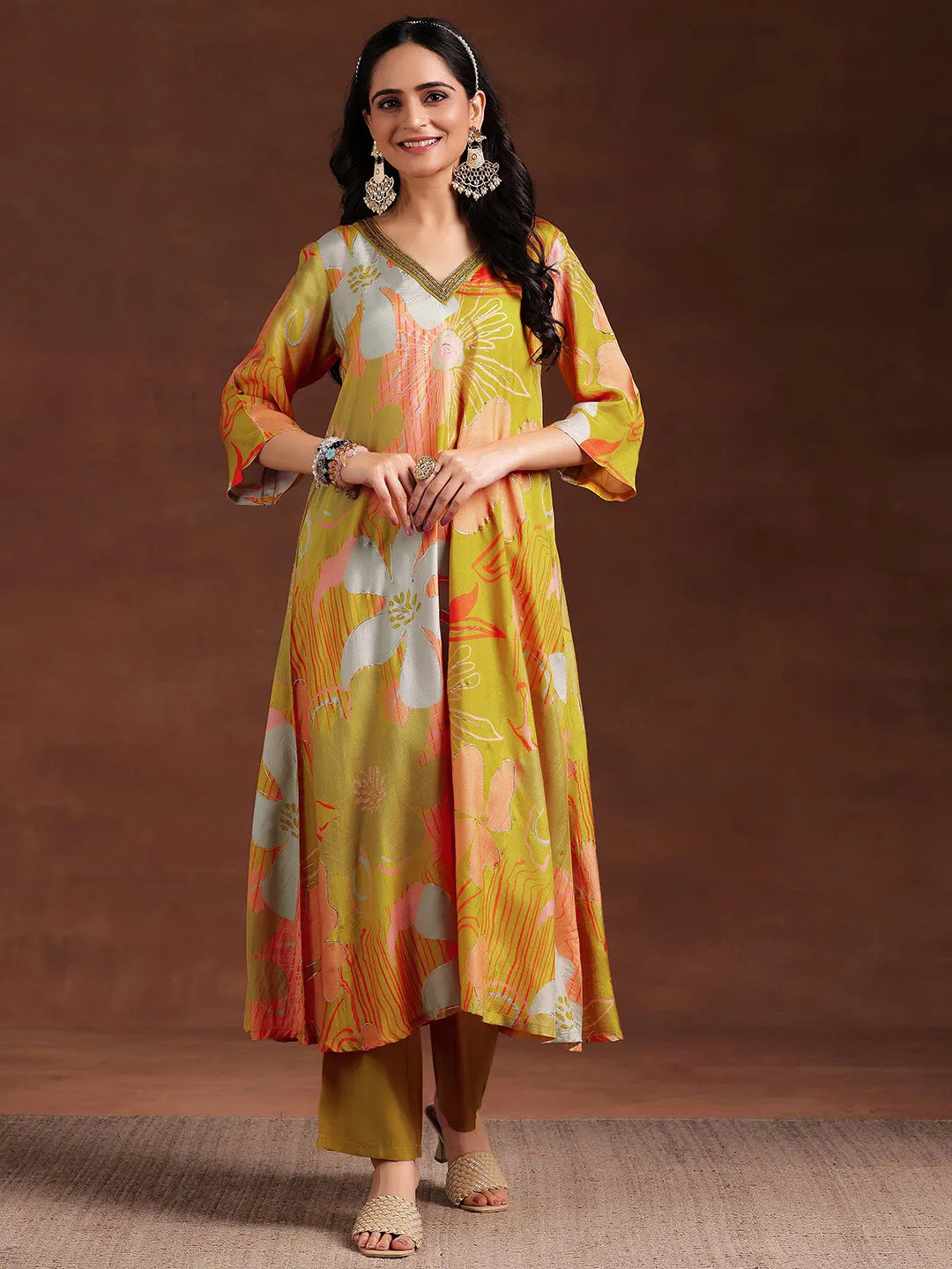 Libas Mustard Printed Silk Blend Co-Ords