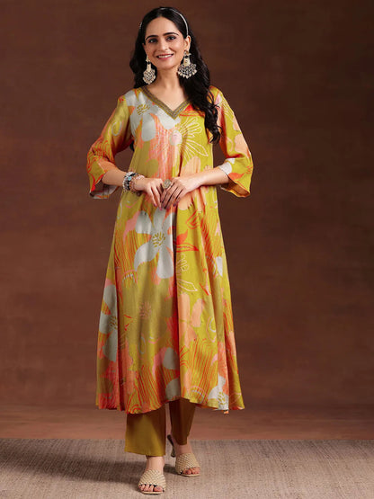 Libas Mustard Printed Silk Blend Co-Ords