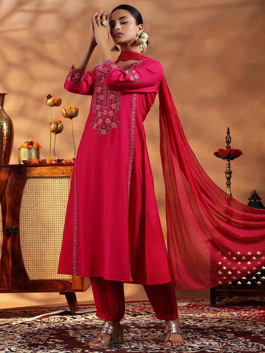 Libas Pink Embroidered Silk Blend A-Line Kurta With Salwar & Dupatta