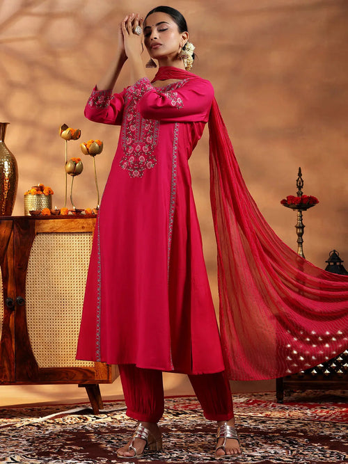 Libas Pink Embroidered Silk Blend A-Line Kurta With Salwar & Dupatta