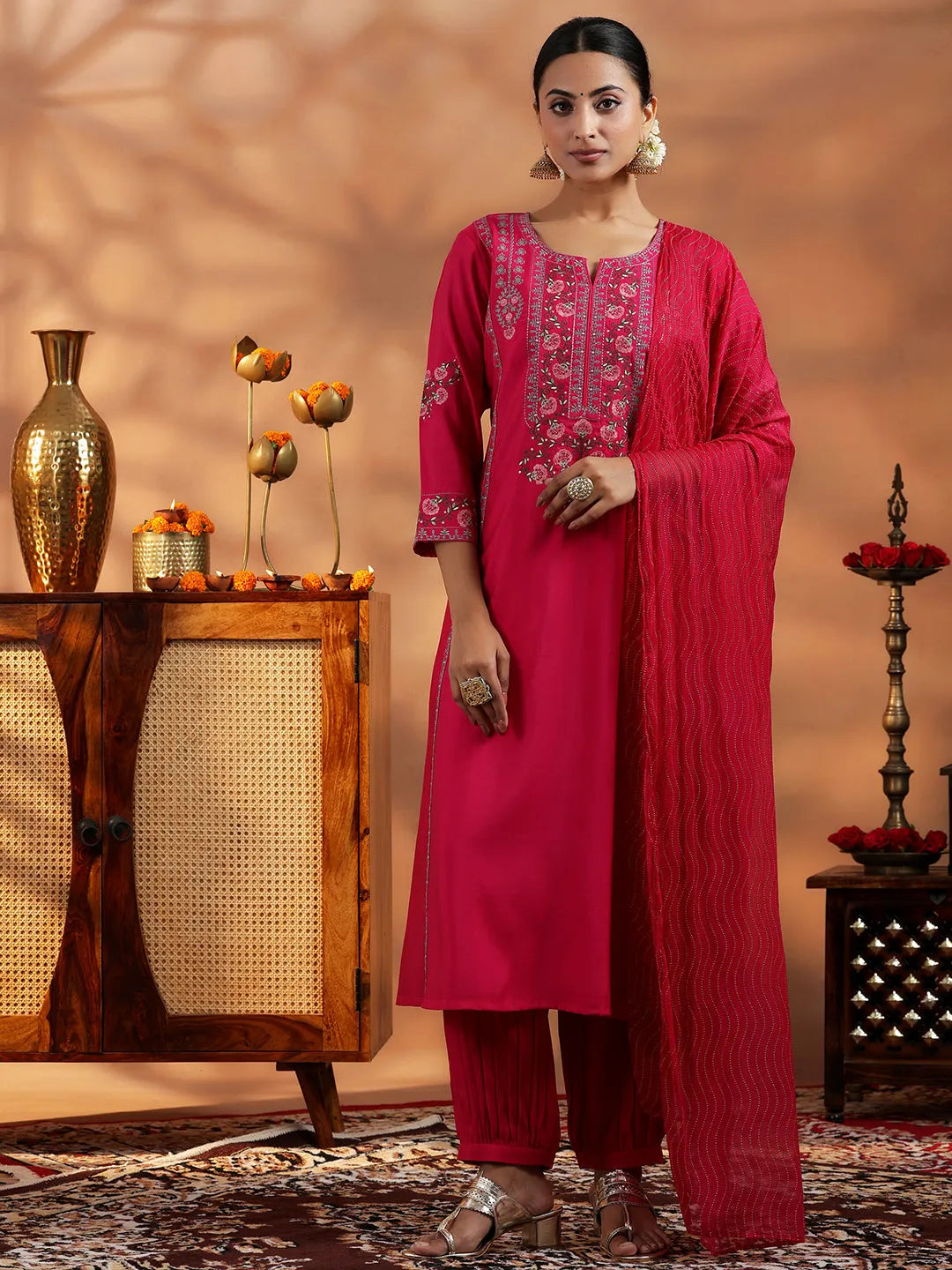 Libas Pink Embroidered Silk Blend A-Line Kurta With Salwar & Dupatta