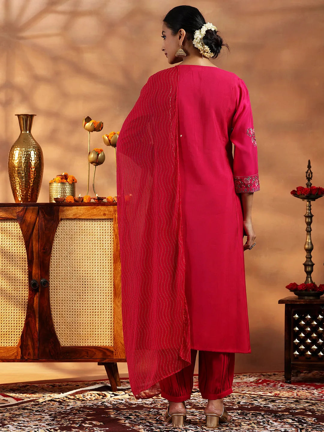 Libas Pink Embroidered Silk Blend A-Line Kurta With Salwar & Dupatta