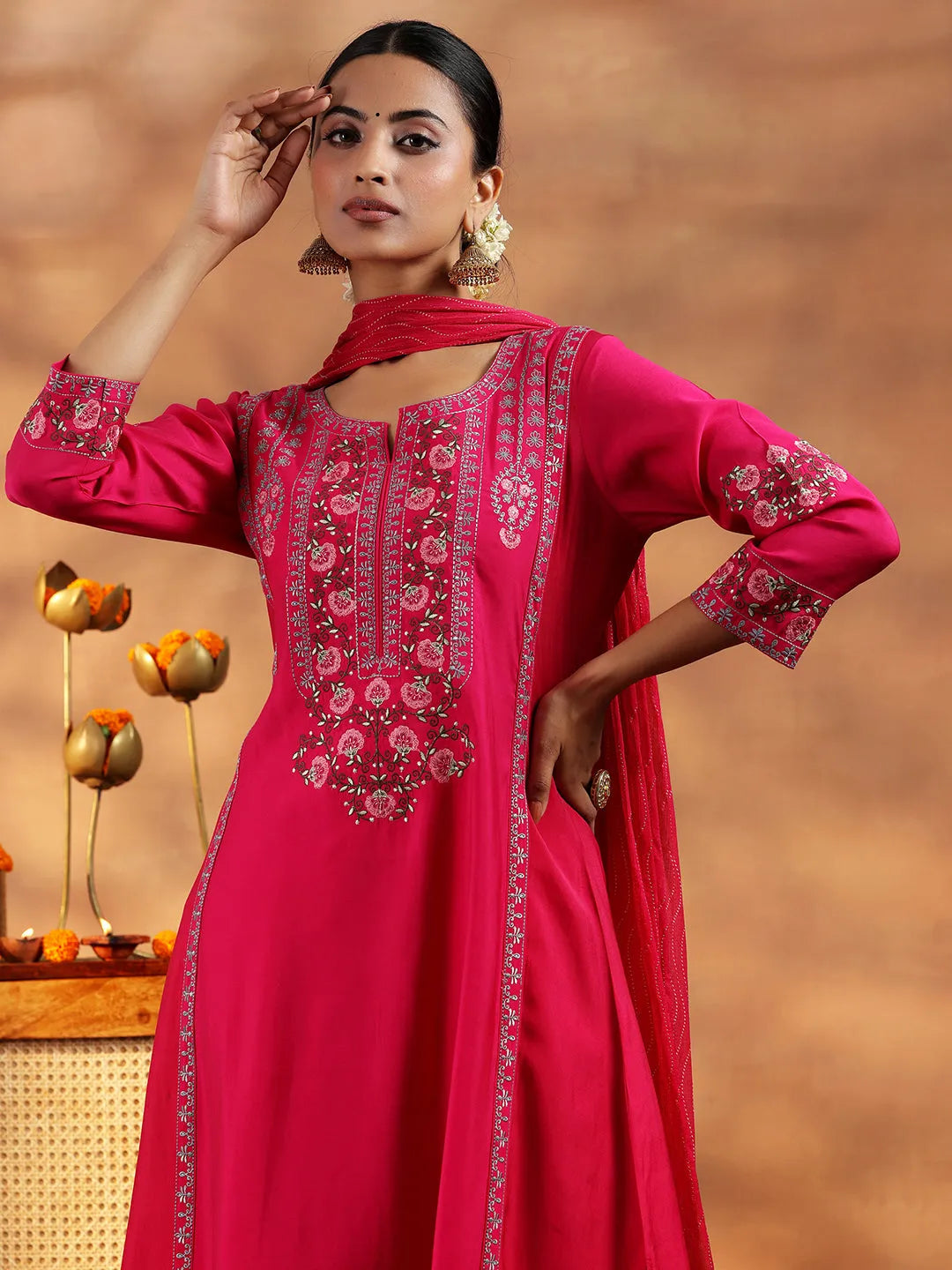 Libas Pink Embroidered Silk Blend A-Line Kurta With Salwar & Dupatta