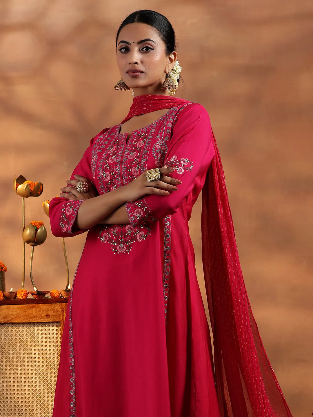 Libas Pink Embroidered Silk Blend A-Line Kurta With Salwar & Dupatta