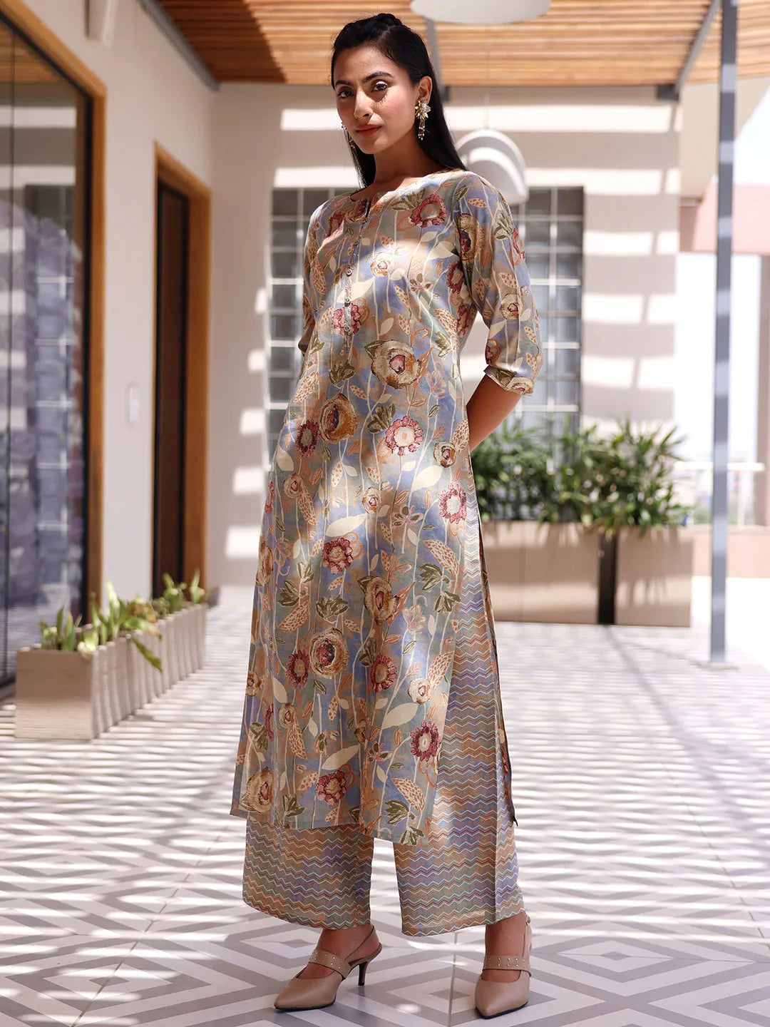 Gerua Grey Printed Silk Blend Straight Suit With Dupatta