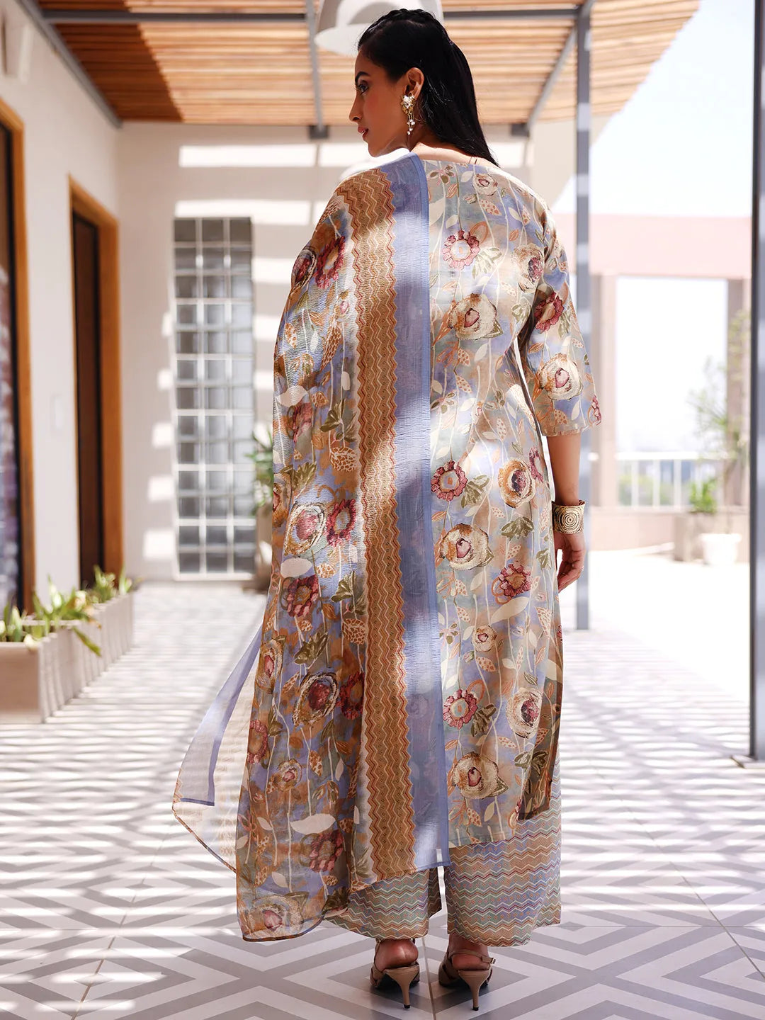 Gerua Grey Printed Silk Blend Straight Suit With Dupatta