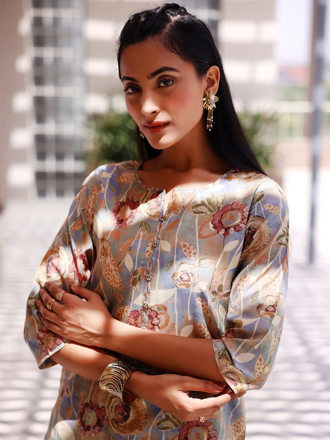 Gerua Grey Printed Silk Blend Straight Suit With Dupatta