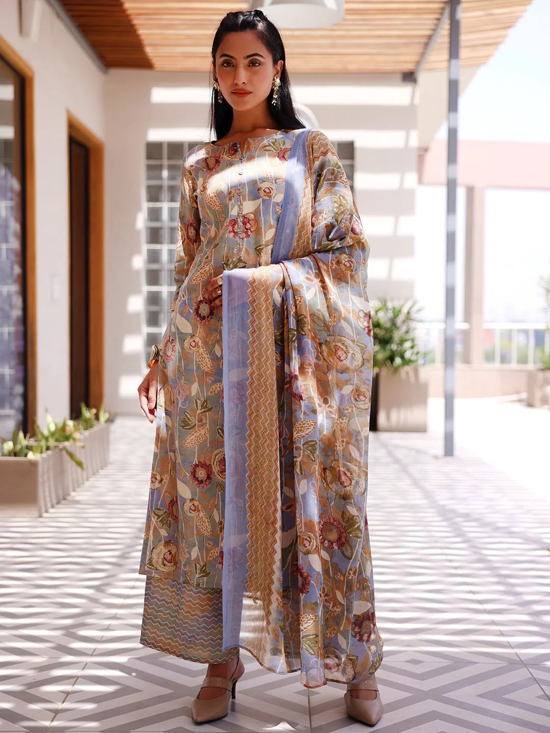 Gerua Grey Printed Silk Blend Straight Suit With Dupatta
