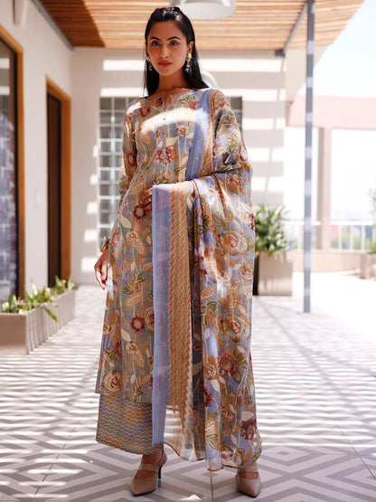 Gerua Grey Printed Silk Blend Straight Suit With Dupatta