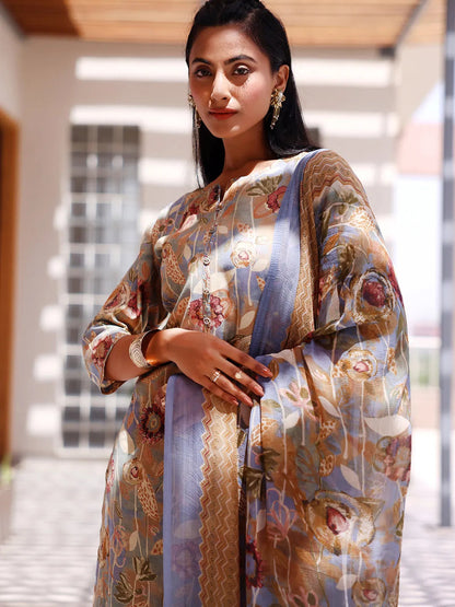 Gerua Grey Printed Silk Blend Straight Suit With Dupatta