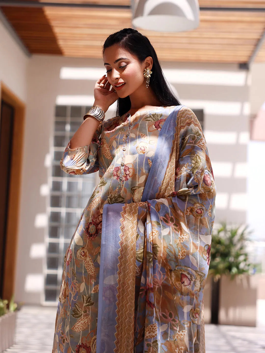 Gerua Grey Printed Silk Blend Straight Suit With Dupatta