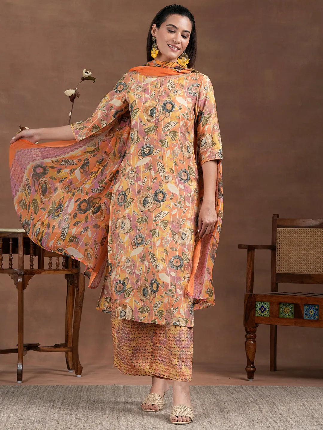 Libas Orange Printed Silk Blend Straight Suit With Dupatta