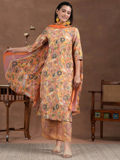 Libas Orange Printed Silk Blend Straight Suit With Dupatta