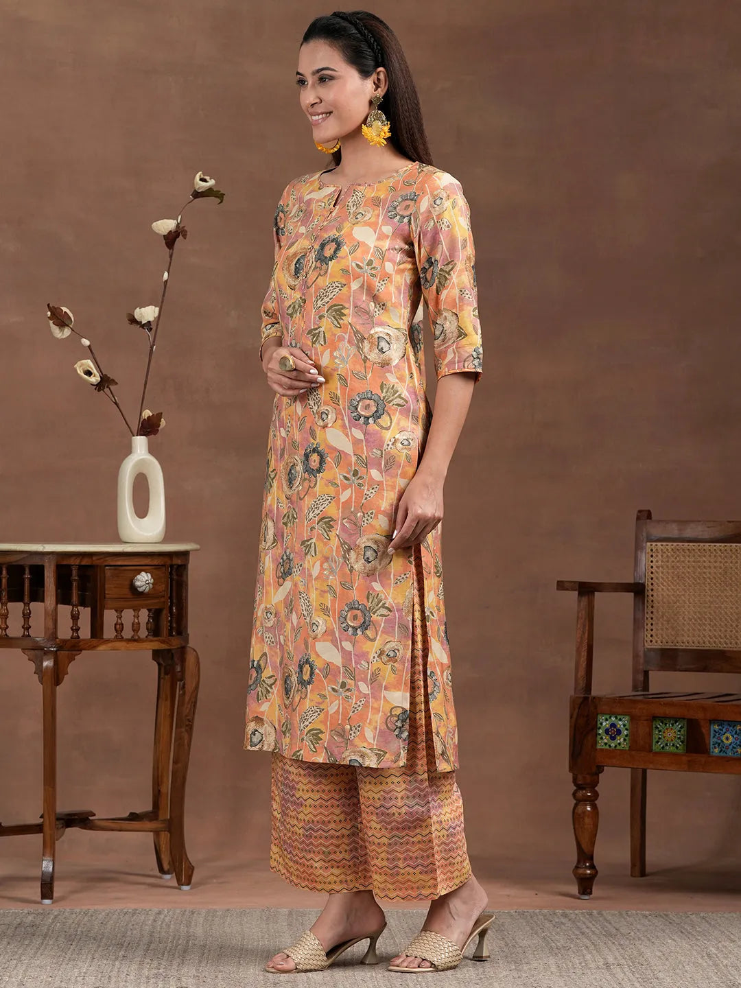 Libas Orange Printed Silk Blend Straight Suit With Dupatta