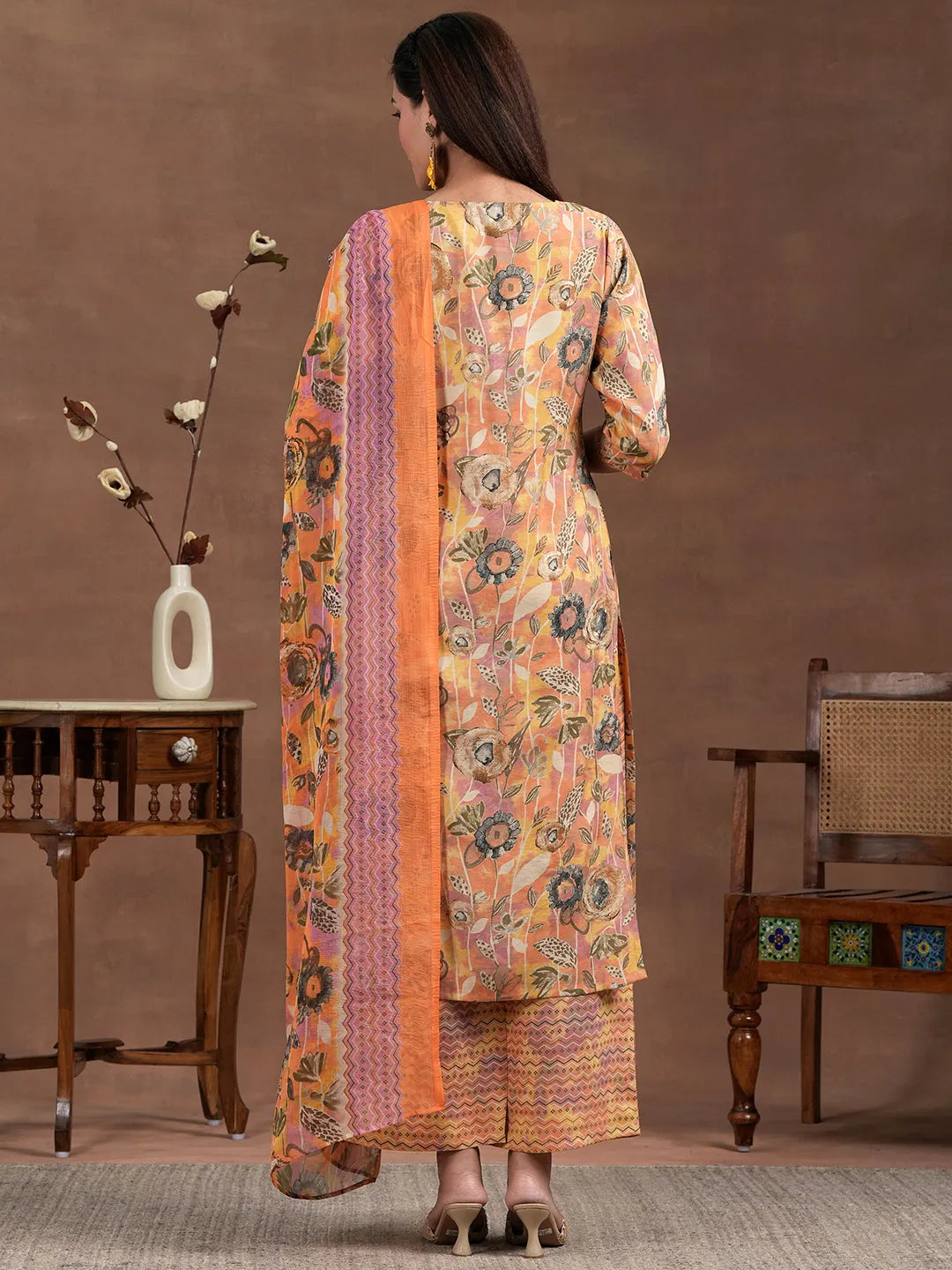 Libas Orange Printed Silk Blend Straight Suit With Dupatta