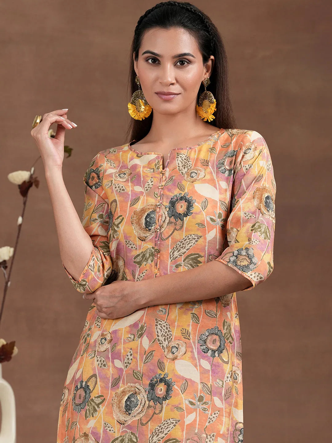 Libas Orange Printed Silk Blend Straight Suit With Dupatta