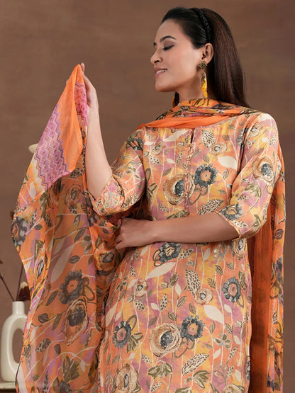 Libas Orange Printed Silk Blend Straight Suit With Dupatta