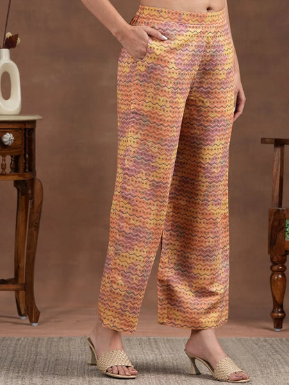Libas Orange Printed Silk Blend Straight Suit With Dupatta