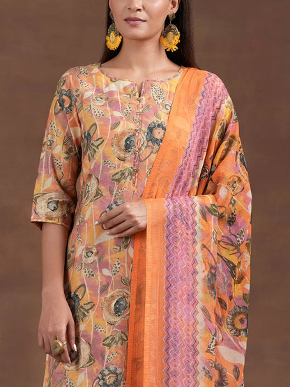 Libas Orange Printed Silk Blend Straight Suit With Dupatta