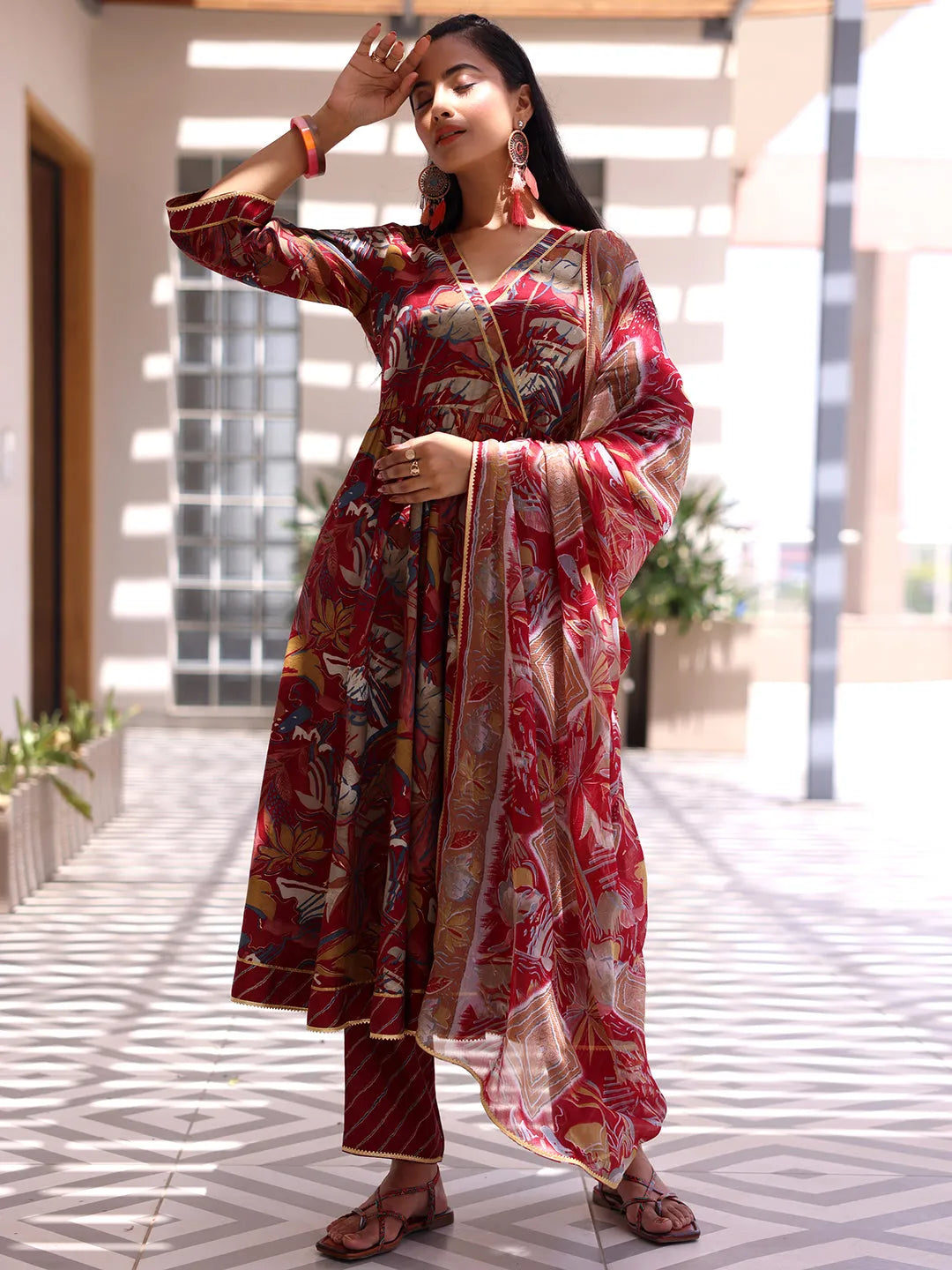 Libas Maroon Printed Silk Blend Anarkali Suit With Dupatta