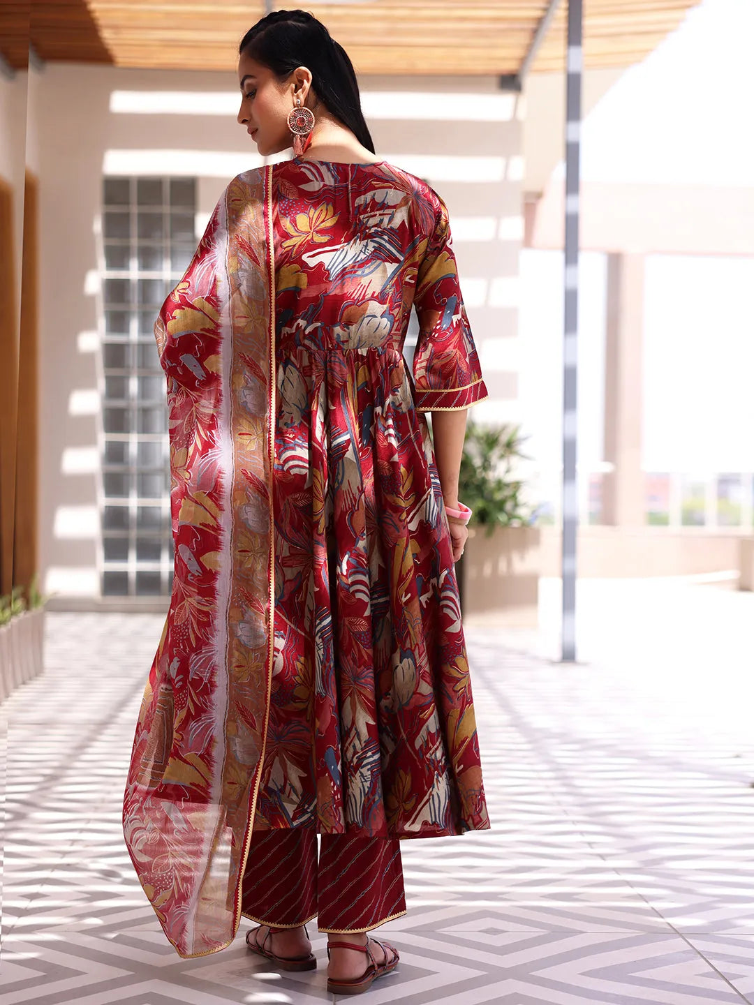 Libas Maroon Printed Silk Blend Anarkali Suit With Dupatta