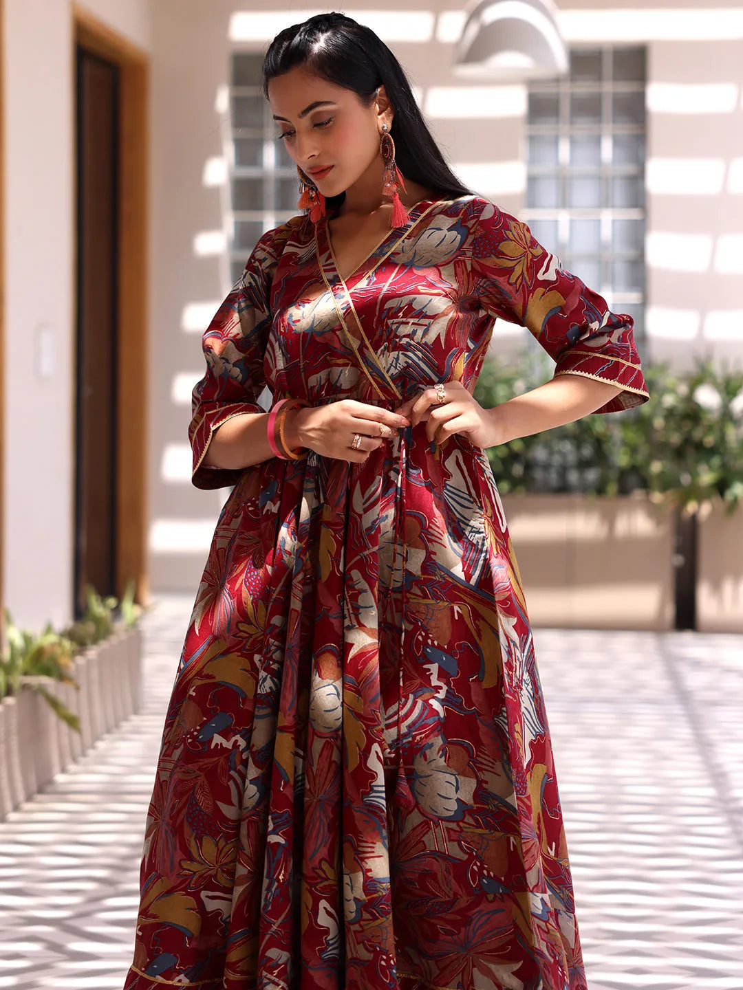 Libas Maroon Printed Silk Blend Anarkali Suit With Dupatta