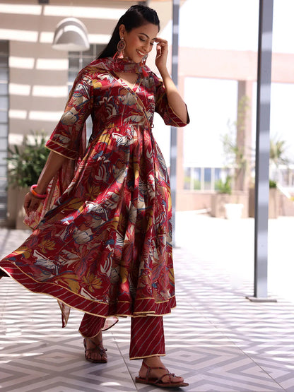 Libas Maroon Printed Silk Blend Anarkali Suit With Dupatta