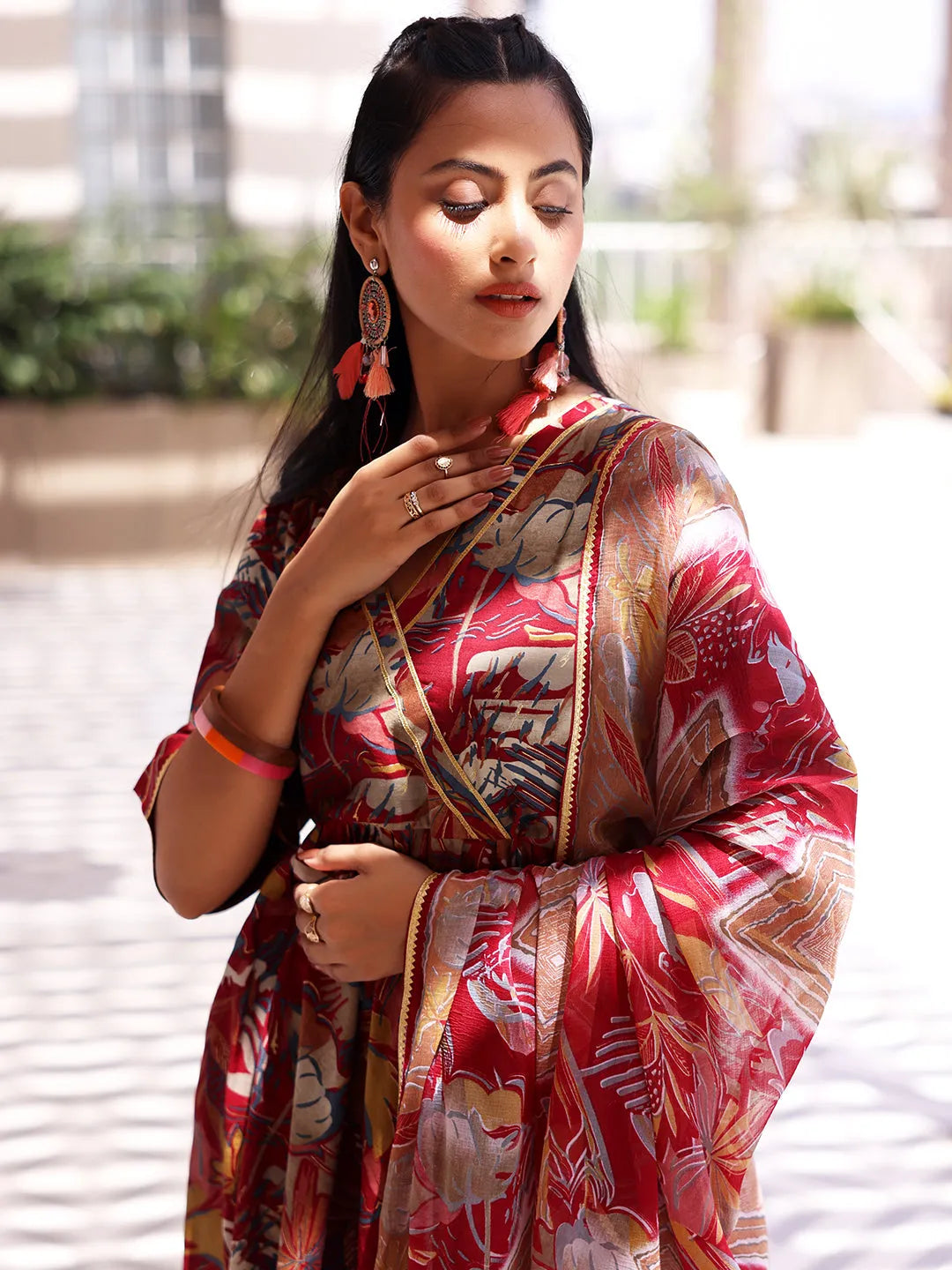 Libas Maroon Printed Silk Blend Anarkali Suit With Dupatta