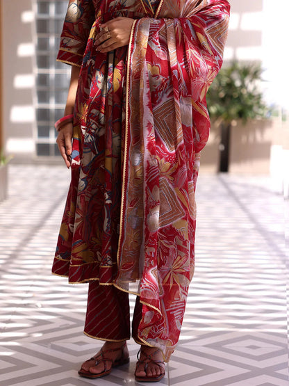 Libas Maroon Printed Silk Blend Anarkali Suit With Dupatta