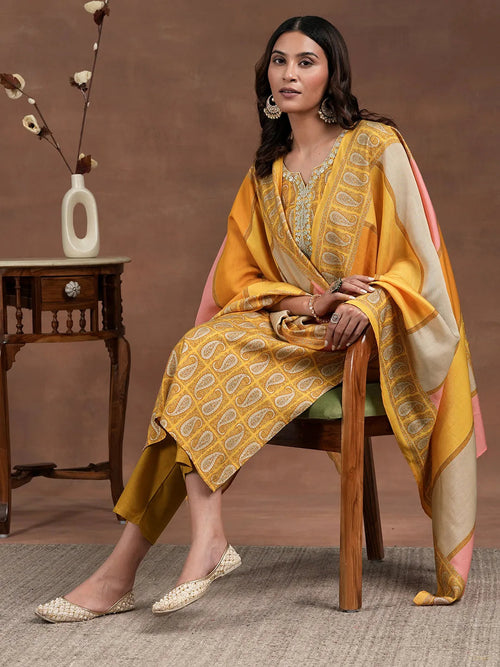 Libas Mustard Printed Silk Blend Straight Suit With Dupatta