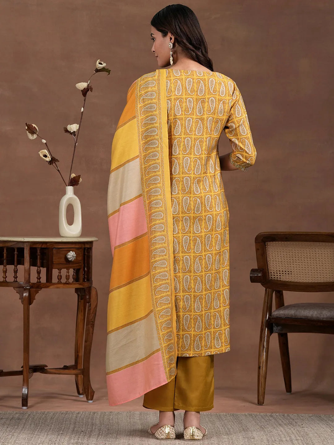 Libas Mustard Printed Silk Blend Straight Suit With Dupatta