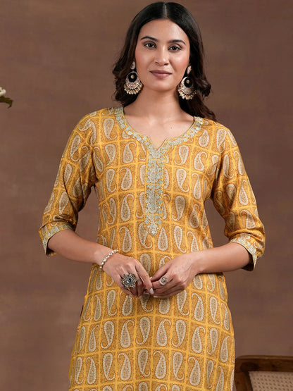 Libas Mustard Printed Silk Blend Straight Suit With Dupatta