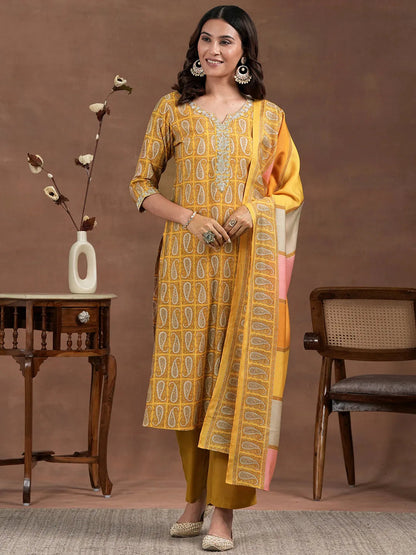 Libas Mustard Printed Silk Blend Straight Suit With Dupatta